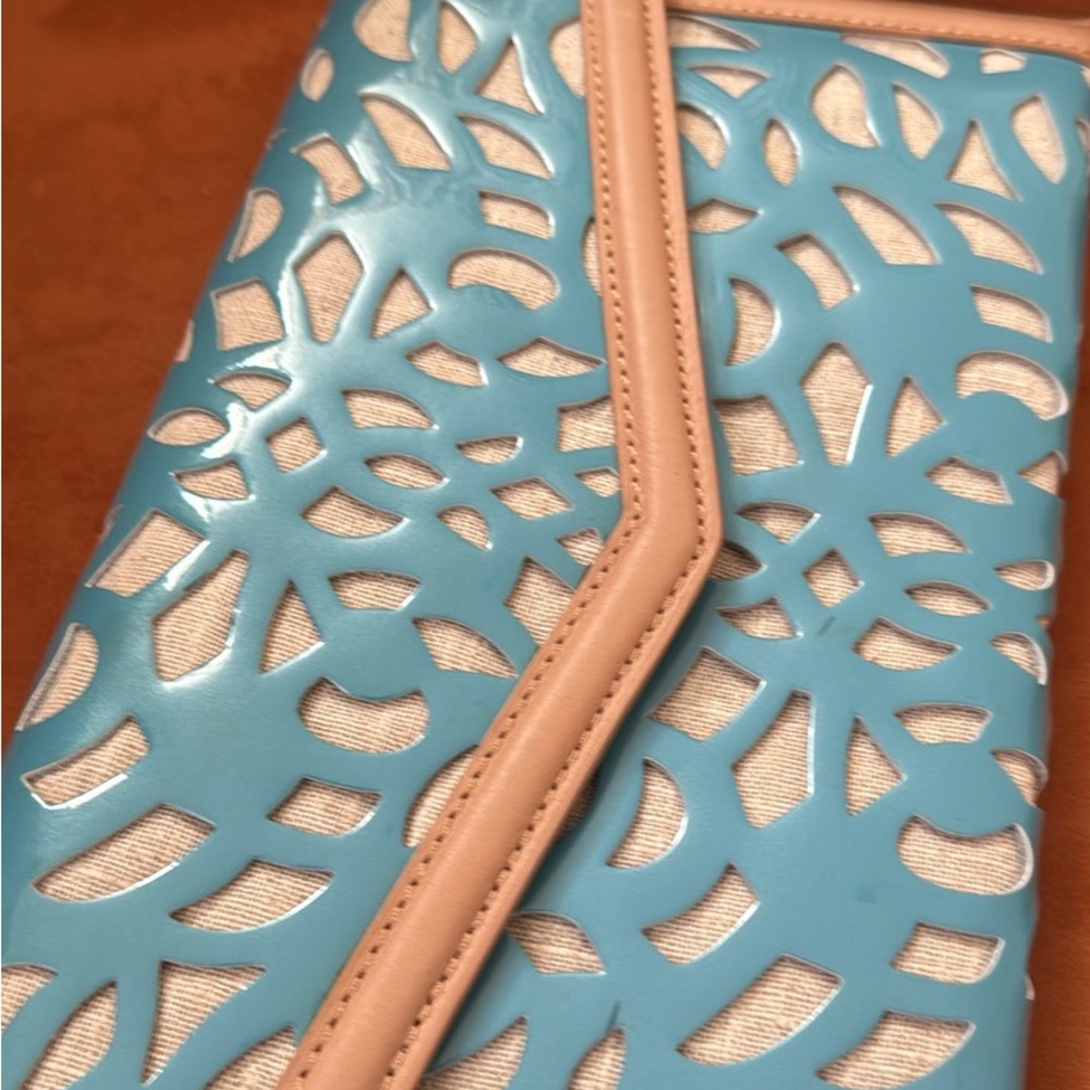 Sondra Roberts Blue and Tan Cutout Clutch